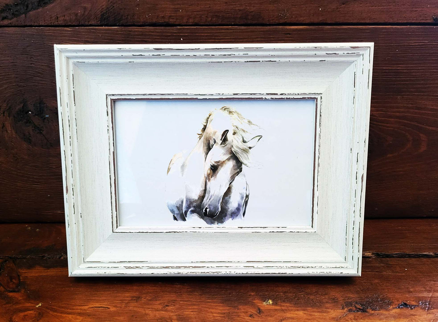 White Horse Mini Art Print 17x12cm – Framed White Rustic Frame – Grace, Power & Quiet Strength