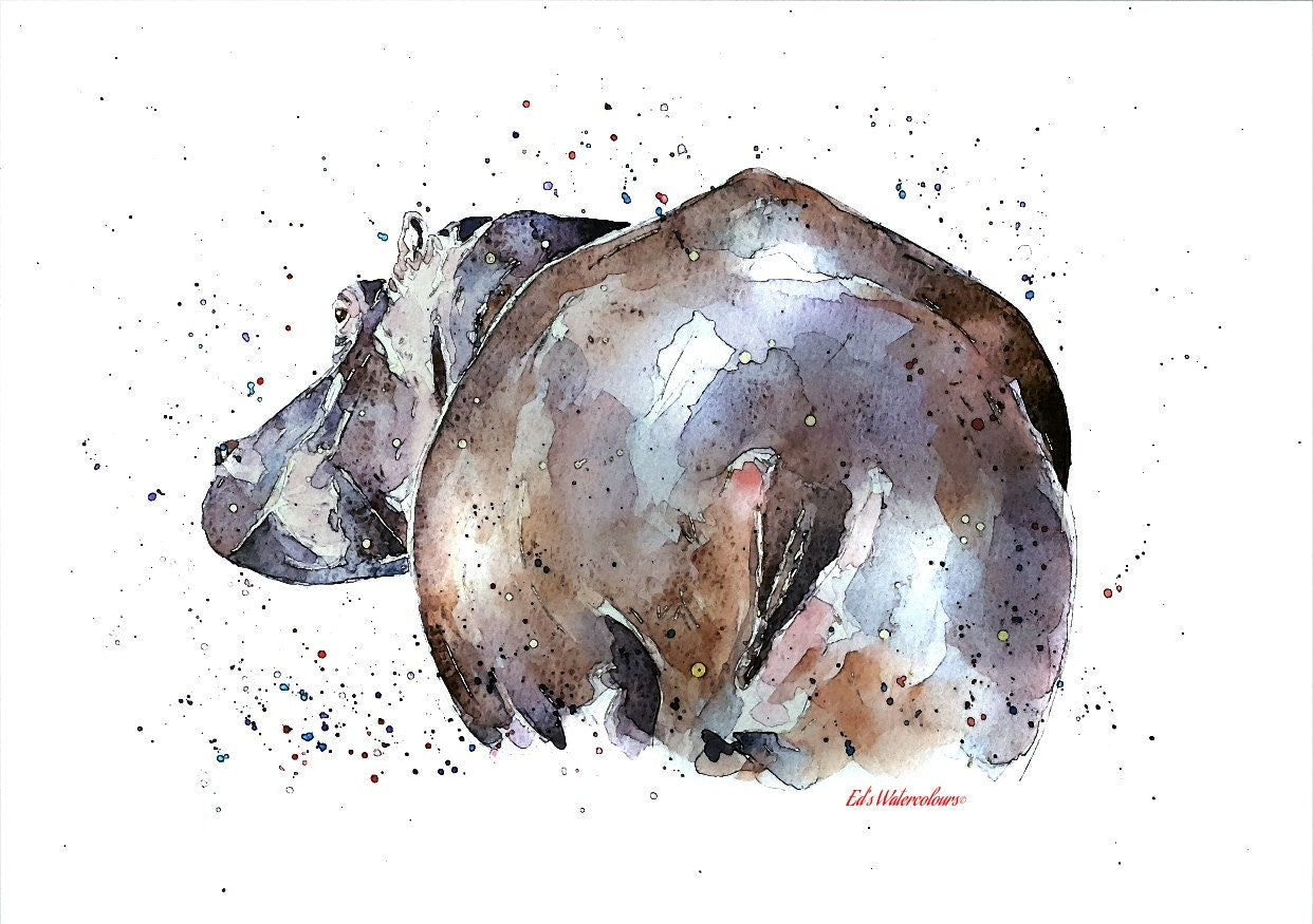 Big Bum Hippo " Print Watercolour,hippo art print,hippo watercolour, hippo wall hanging, hippopotamus art, hippo wall decor