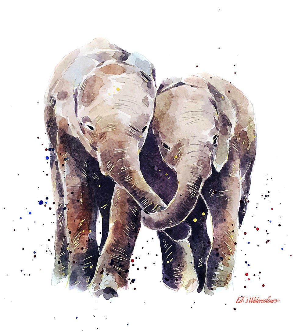 Elephants - Whispers in E Minor - Watercolour Print.Elephant art,Elephants art print,Elephant watercolour art,Elephants wall art.