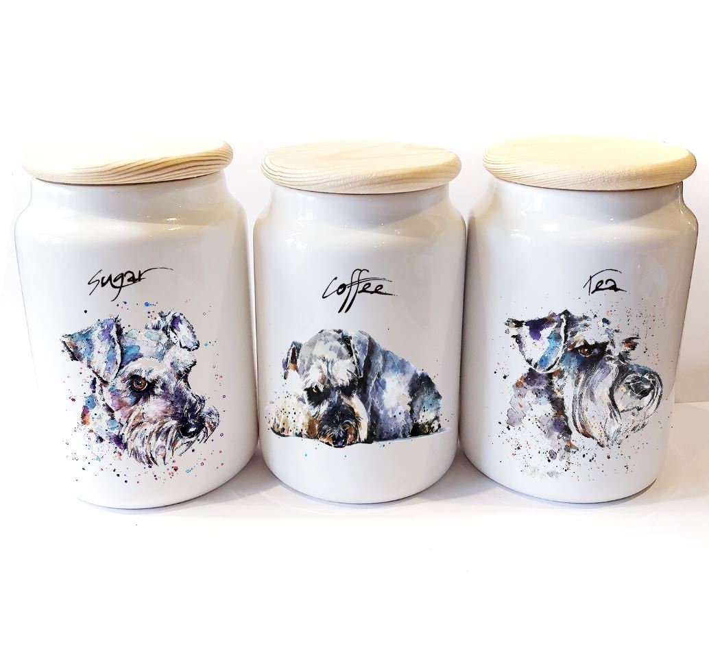 Schnauzer Ceramic Storage Jars Gift Set (Set of 3) | Tea Coffee Sugar Canisters | Edswatercolours