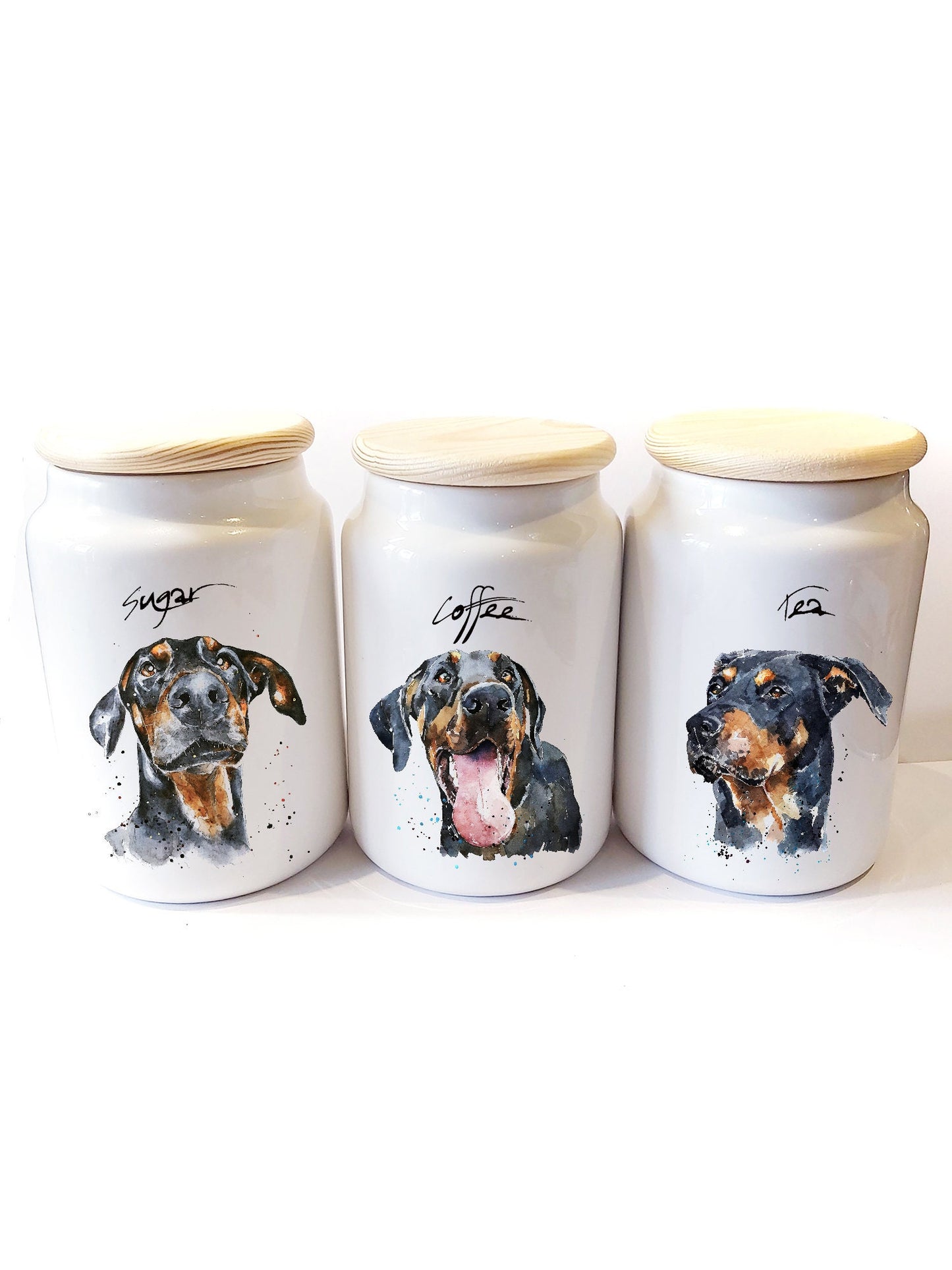 Doberman Ceramic Storage Jars Gift Set (Set of 3) | Tea Coffee Sugar Canisters | Edswatercolours