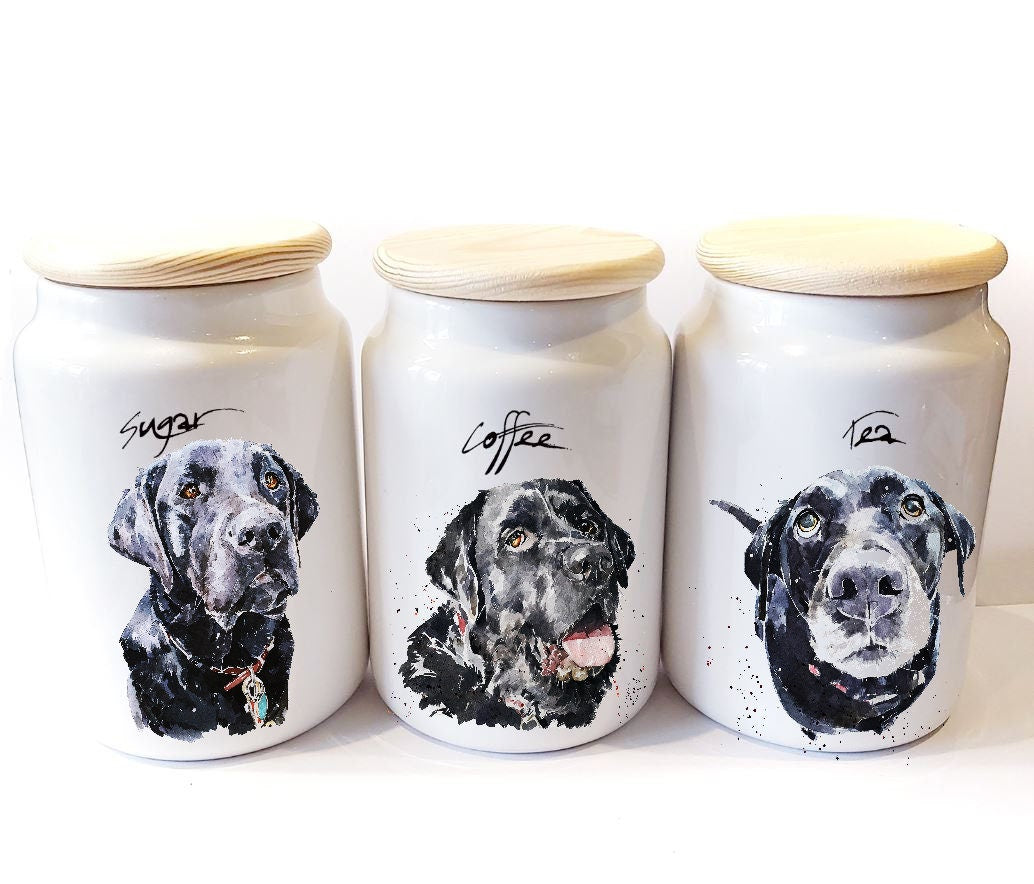 Black Labrador Ceramic Storage Jars Gift Set (Set of 3) | Tea Coffee Sugar Canisters | Edswatercolours
