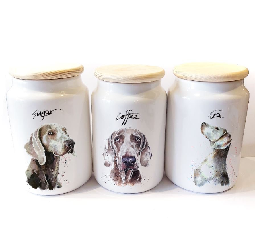Weimaraner Ceramic Storage Jars Gift Set (Set of 3) | Tea Coffee Sugar Canisters | Edswatercolours