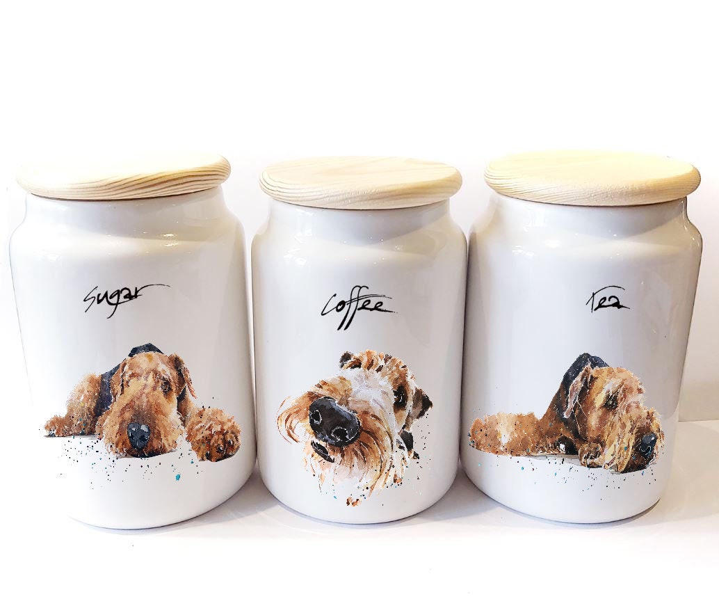 Airedale Terrier Ceramic Storage Jars Gift Set (Set of 3) | Tea Coffee Sugar Canisters | Edswatercolours