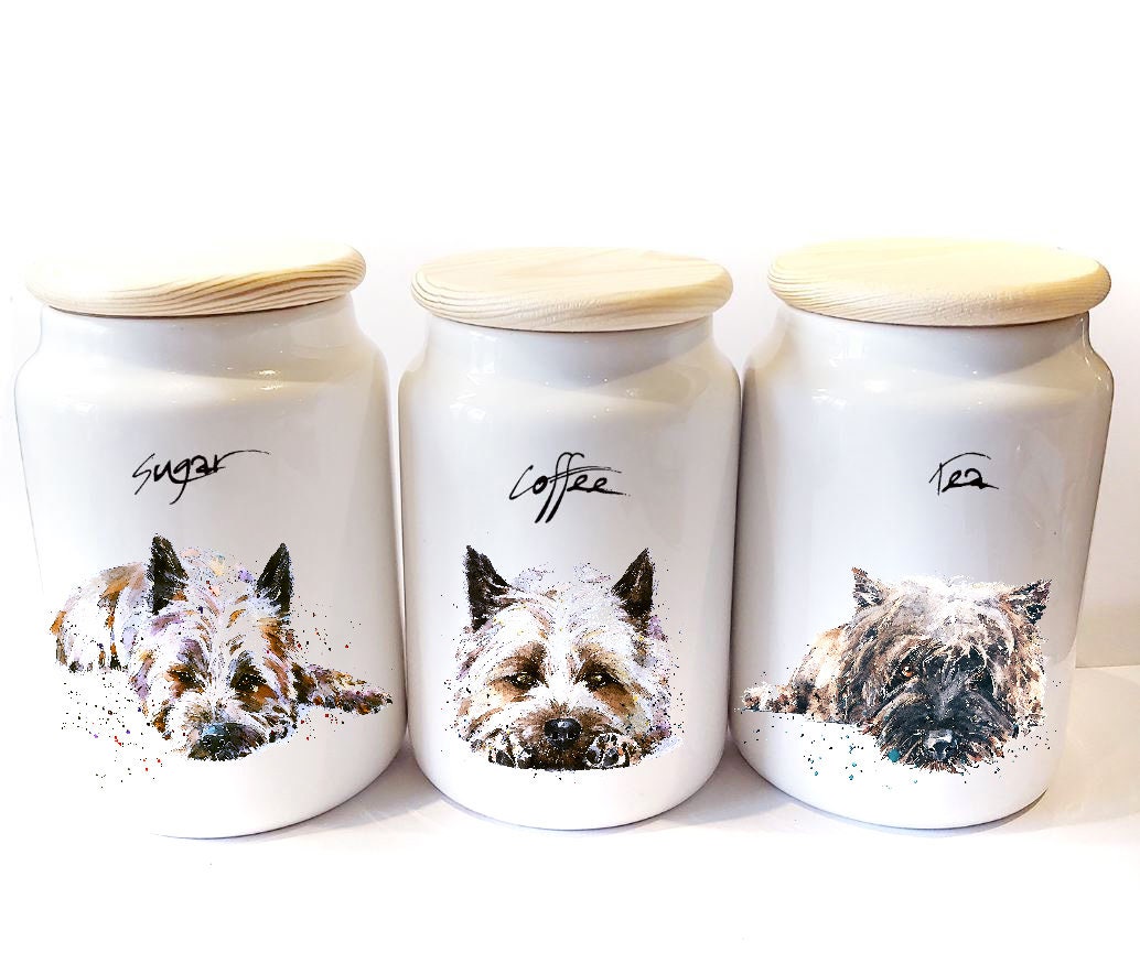 Cairn Terrier Ceramic Storage Jars Gift Set (Set of 3) | Tea Coffee Sugar Canisters | Edswatercolours