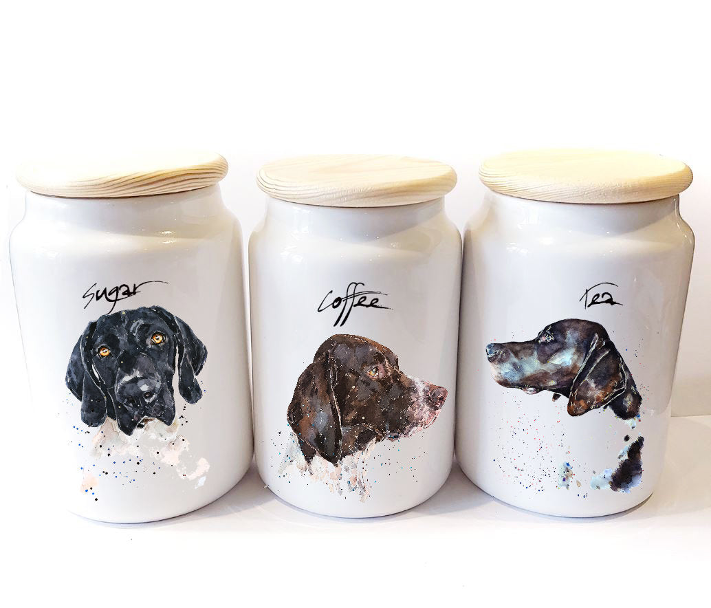 German Shorthaired Pointer Ceramic Storage Jars Gift Set (Set of 3) | Tea Coffee Sugar Canisters | Edswatercolours