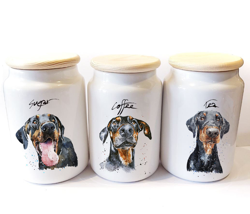 Doberman Ceramic Storage Jars Gift Set (Set of 3) | Tea Coffee Sugar Canisters | Edswatercolours