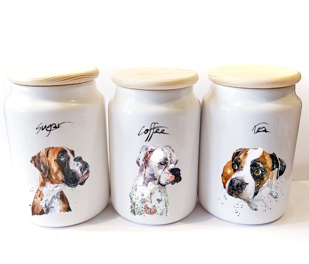 German Boxer Dog Ceramic Storage Jars Gift Set (Set of 3) | Tea Coffee Sugar Canisters | Edswatercolours