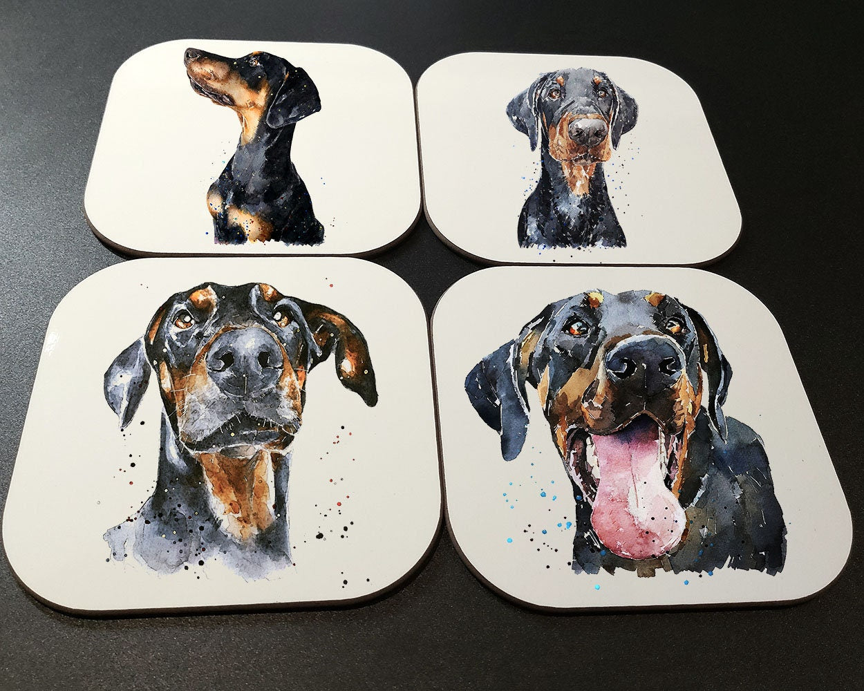 Doberman Cork Backed Coasters (Set of 4) | Dog Gift | Edswatercolours