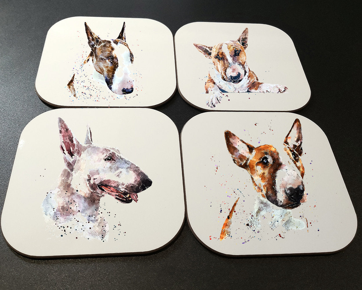 English Bull Terrier Cork Backed Coasters (Set of 4) | Dog Gift | Edswatercolours