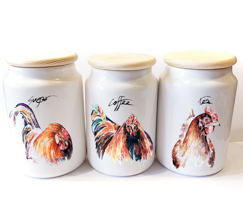 Chickens Ceramic Storage Jars Gift Set (Set of 3) | Tea Coffee Sugar Canisters | Edswatercolours