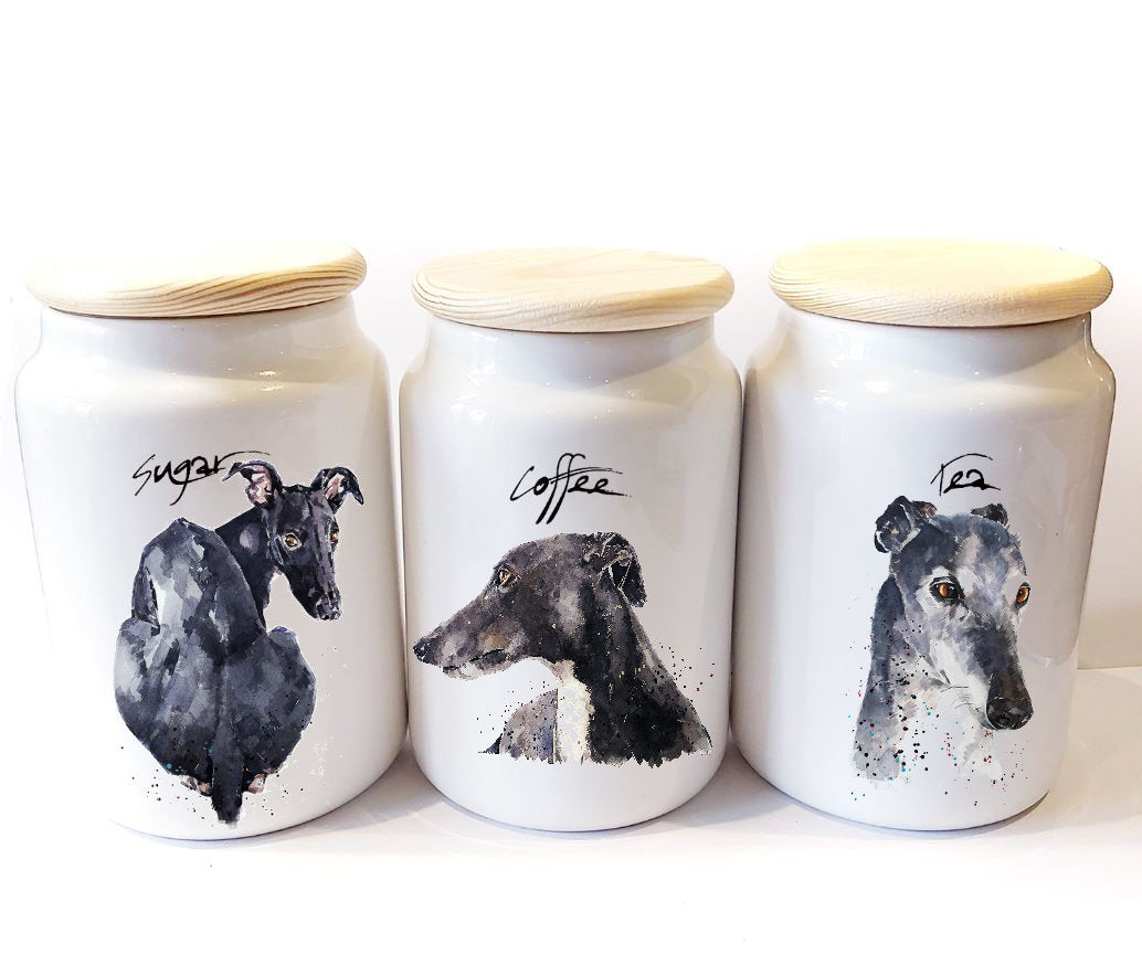 Whippet Ceramic Storage Jars Gift Set (Set of 3) | Tea Coffee Sugar Canisters | Edswatercolours