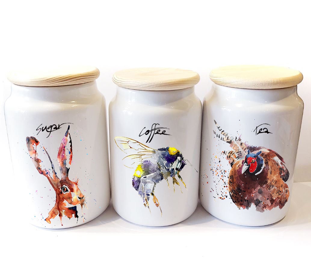 British Wildife Ceramic Storage Jars Gift Set (Set of 3) | Tea Coffee Sugar Canisters | Edswatercolours