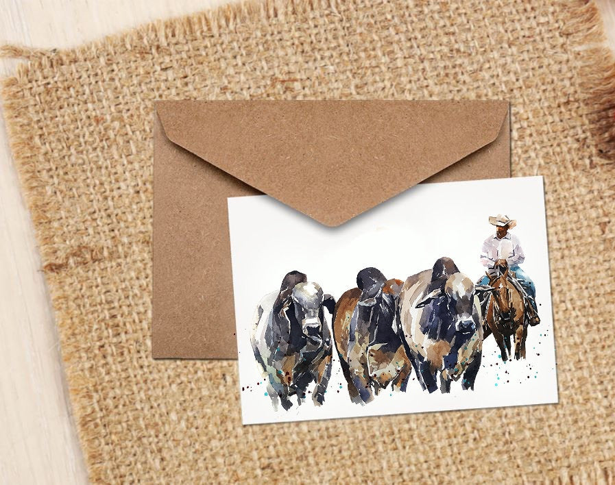 Brahman Cattle & Cowboy Greeting Card | Animal Lover Gift | Edswatercolours