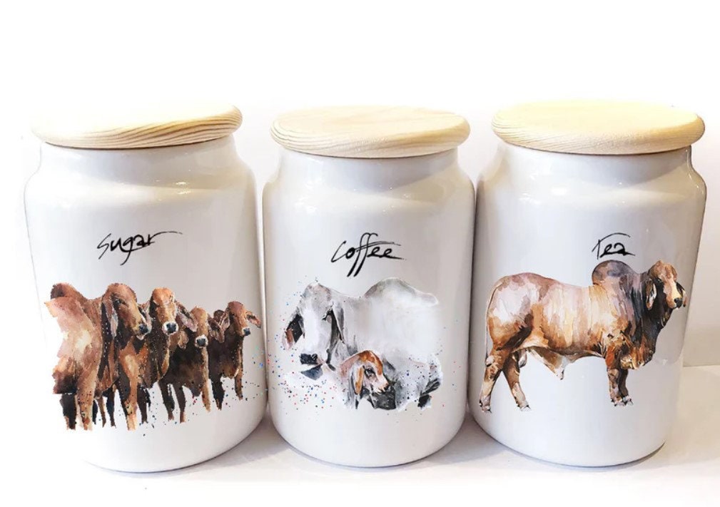Brahman Cattle Ceramic Storage Jars Gift Set (Set of 3) | Tea Coffee Sugar Canisters | Edswatercolours