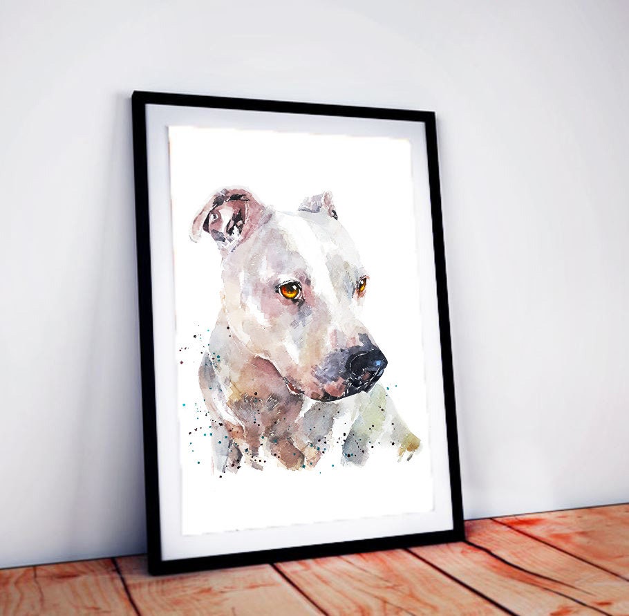 White Staffordshire Bull Terrier - Watercolour Print.White Staffy art,White Staffy print,White Staffie art print,White Staffie watercolour