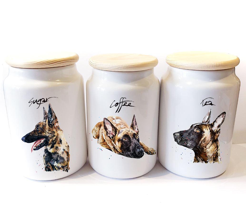 Belgian Malinois Ceramic Storage Jars Gift Set (Set of 3) | Tea Coffee Sugar Canisters | Edswatercolours