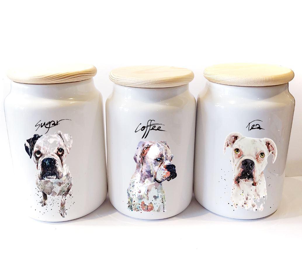 White German Boxer Dog Ceramic Storage Jars Gift Set (Set of 3) | Tea Coffee Sugar Canisters | Edswatercolours