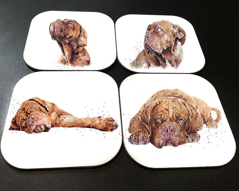 Dogue de Bordeaux Cork Backed Coasters (Set of 4) | Dog Gift | Edswatercolours
