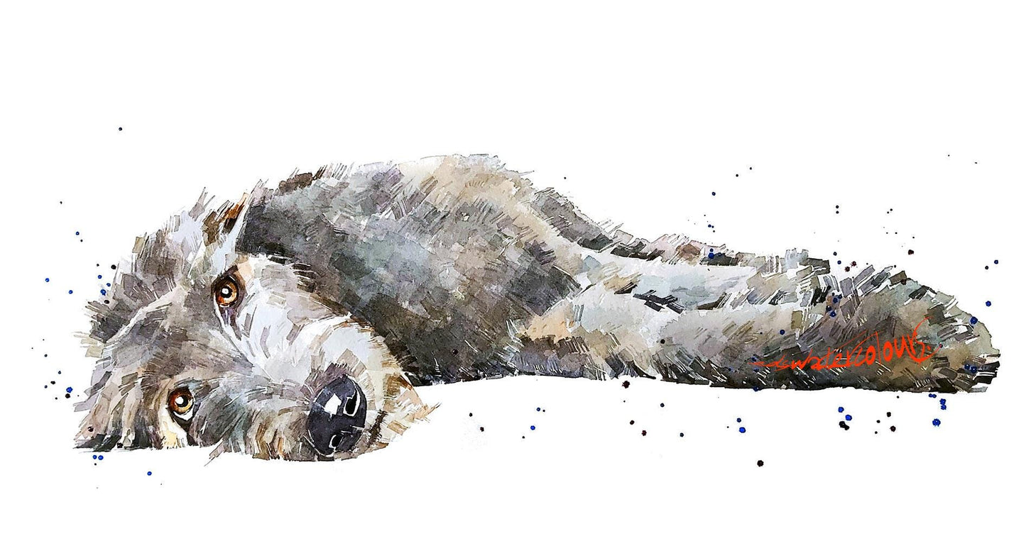 Irish Wolfhound Mini Art Print 17x12cm – Framed in White Rustic Frame – Big Dog Lover Gift, Sighthound Decor,Irish Wolfhound Artwork