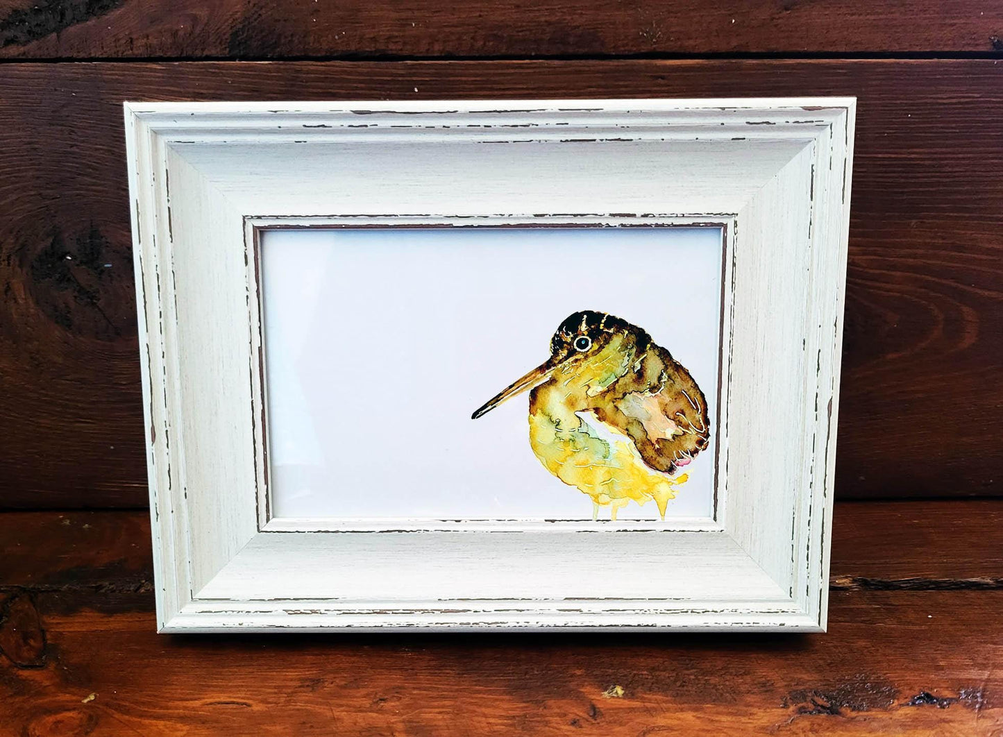 Woodcock Bird Mini Art Print 17x12cm – Framed White Rustic Frame | Woodland Bird Wall Art, Rustic Countryside Decor, Gift for Bird Lovers