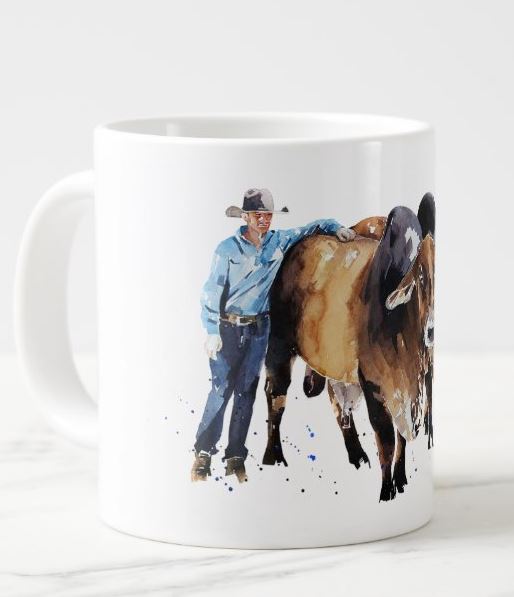 Young Cowboy and  Brahman Cattle Ceramic Mug 15 oz- Brahman cow Coffee Mug, Brahman mug gift ,Brahman bull Mug,Brahman cow cup,Brahman bull art