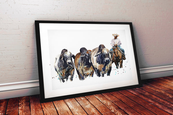 Brahman Cattle and Cowboy - Original Watercolour A2 (24*19 Inches), Brahman Cattle painting, Brahman cows watercolor