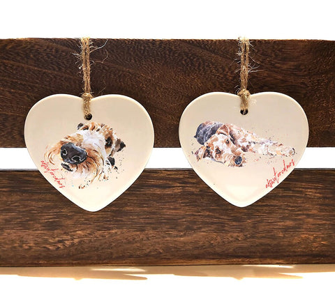 Airedale ceramic hearts (Set of 2)  - Christmas ornament, Airedale  decoration, Airedale  ornament,Airedale  ceramic heart