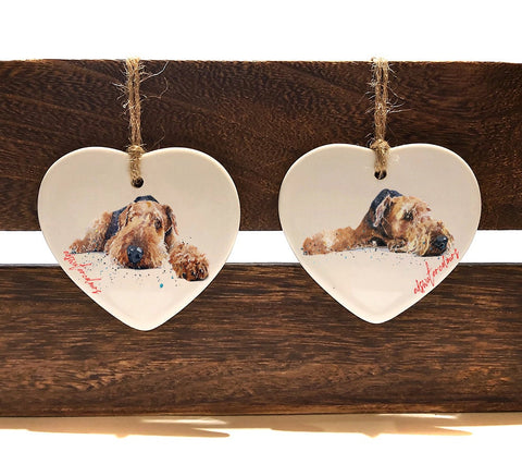 Airedale Terrier ceramic hearts 2 (Set of 2)  - Christmas ornament, Airedale  decoration, Airedale  ornament,Airedale  ceramic heart