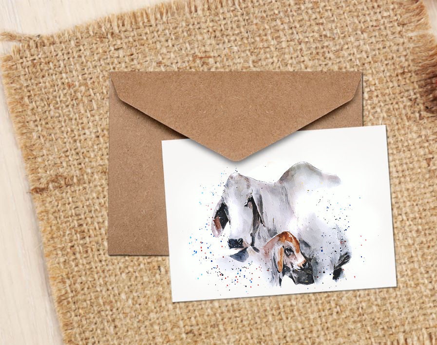 White Brahman Cattle Greeting Card | Country Animal Gift | Edswatercolours