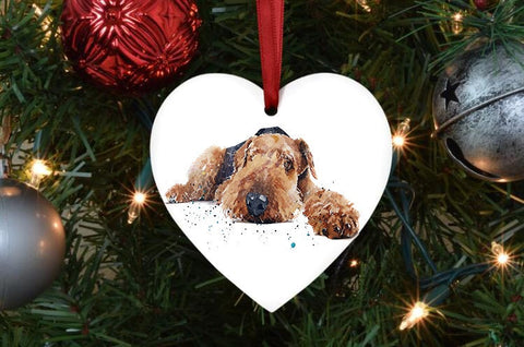 Airedale Terrier II Ceramic Heart Tree Decoration.Airedale Terrier Xmas Tree Decoration, Airedale Terrier Christmas Tree Ornament