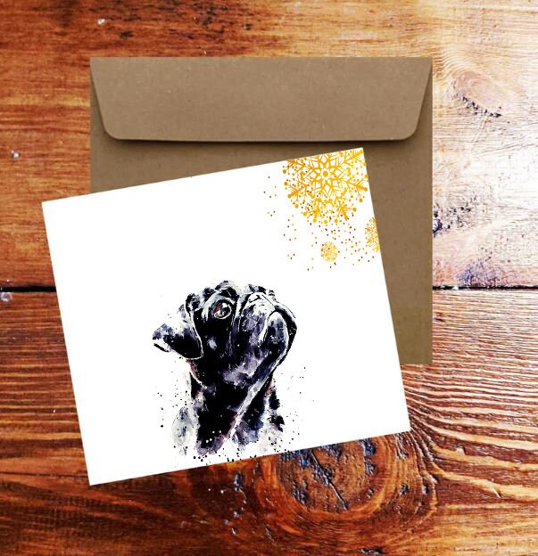 Black Pug Christmas Card | Dog Lover Gift | Edswatercolours