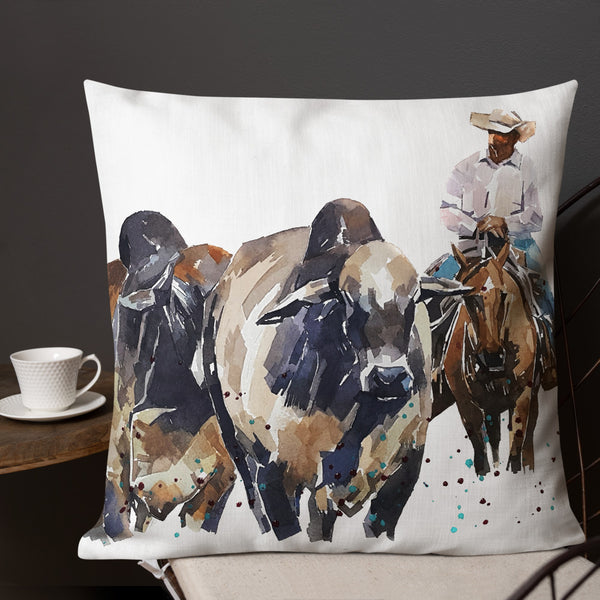 "Brahman Cattle & Cowboy" - Premium Pillow/Cushion