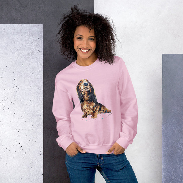 Long Haired Dachshund Unisex Crew Neck Sweatshirt | Gildan 18000