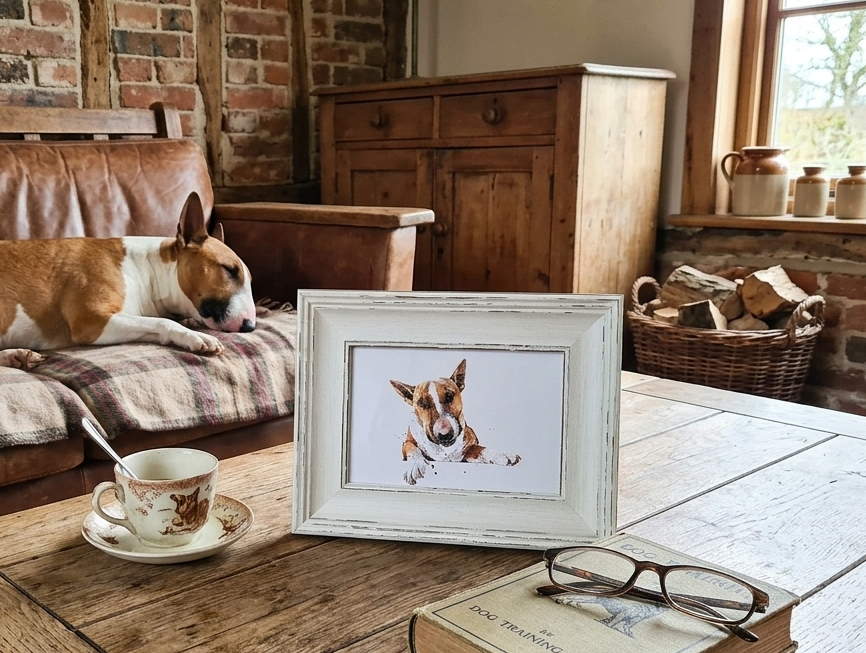 Bull Terrier Mini Art Print 17x12cm – Framed White Rustic Frame | Bull Terrier Wall Art, Unique Dog Decor, Gift for Bull Terrier Lovers