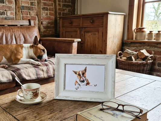 Bull Terrier Mini Art Print 17x12cm – Framed White Rustic Frame | Bull Terrier Wall Art, Unique Dog Decor, Gift for Bull Terrier Lovers