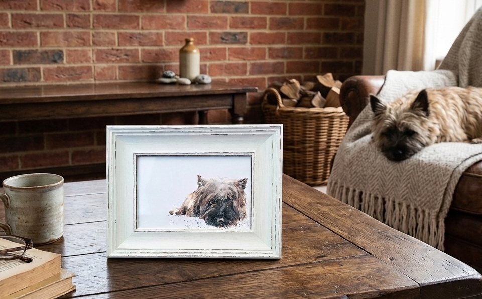 Cairn Terrier Mini Art Print 17x12cm – Framed White Rustic Frame | Cairn Terrier Wall Art, Small Terrier Decor,Gift for Cairn Terrier Lovers