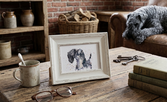 Kerry Blue Terrier Art Print – Framed Mini Watercolour 17×12cm | Playful Terrier Wall Art Gift