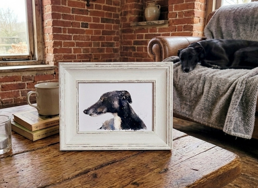 Whippet Mini Art Print 17x12cm –Framed White Rustic Frame(Assorted) Whippet art print framed,sighthound dog decor,dog lover gift,Whippet Art