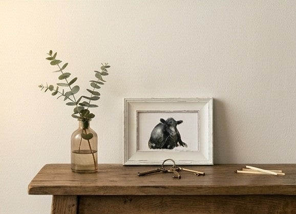 Aberdeen Angus Mini Art Print 17x12cm – Framed White Rustic Frame – Majestic, Gentle, Iconic – Edswatercolours