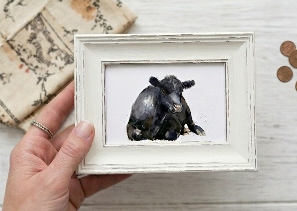 Aberdeen Angus Mini Art Print 17x12cm – Framed White Rustic Frame – Majestic, Gentle, Iconic – Edswatercolours