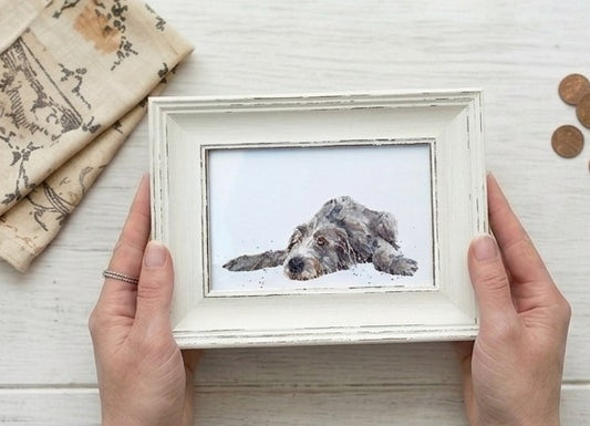 Irish Wolfhound Mini Art Print 17x12cm – Framed in White Rustic Frame – Big Dog Lover Gift, Sighthound Decor,Irish Wolfhound Artwork