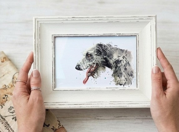 Irish Wolfhound Mini Art Print 17x12cm – Framed in White Rustic Frame – Big Dog Lover Gift, Sighthound Decor,Irish Wolfhound Artwork