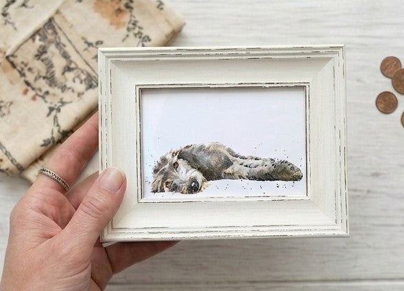 Irish Wolfhound Mini Art Print 17x12cm – Framed in White Rustic Frame – Big Dog Lover Gift, Sighthound Decor,Irish Wolfhound Artwork