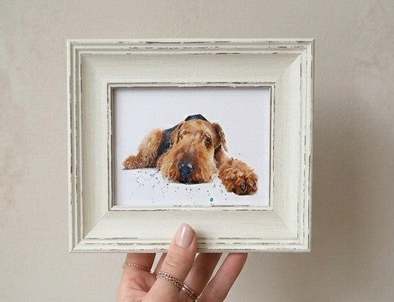Airedale Mini Art Print – 17x12cm of White Rustic Framed Canine Class. Mini Airedale Desk Art