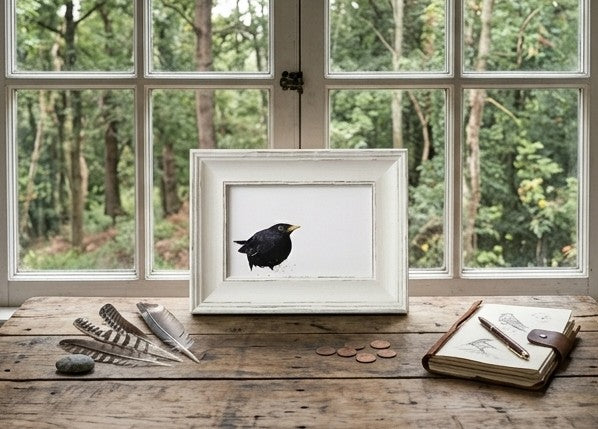 Blackbird Mini Art Print 17x12cm – Framed White Rustic Frame – Nature’s Quiet Elegance. Framed bird print,nature art print