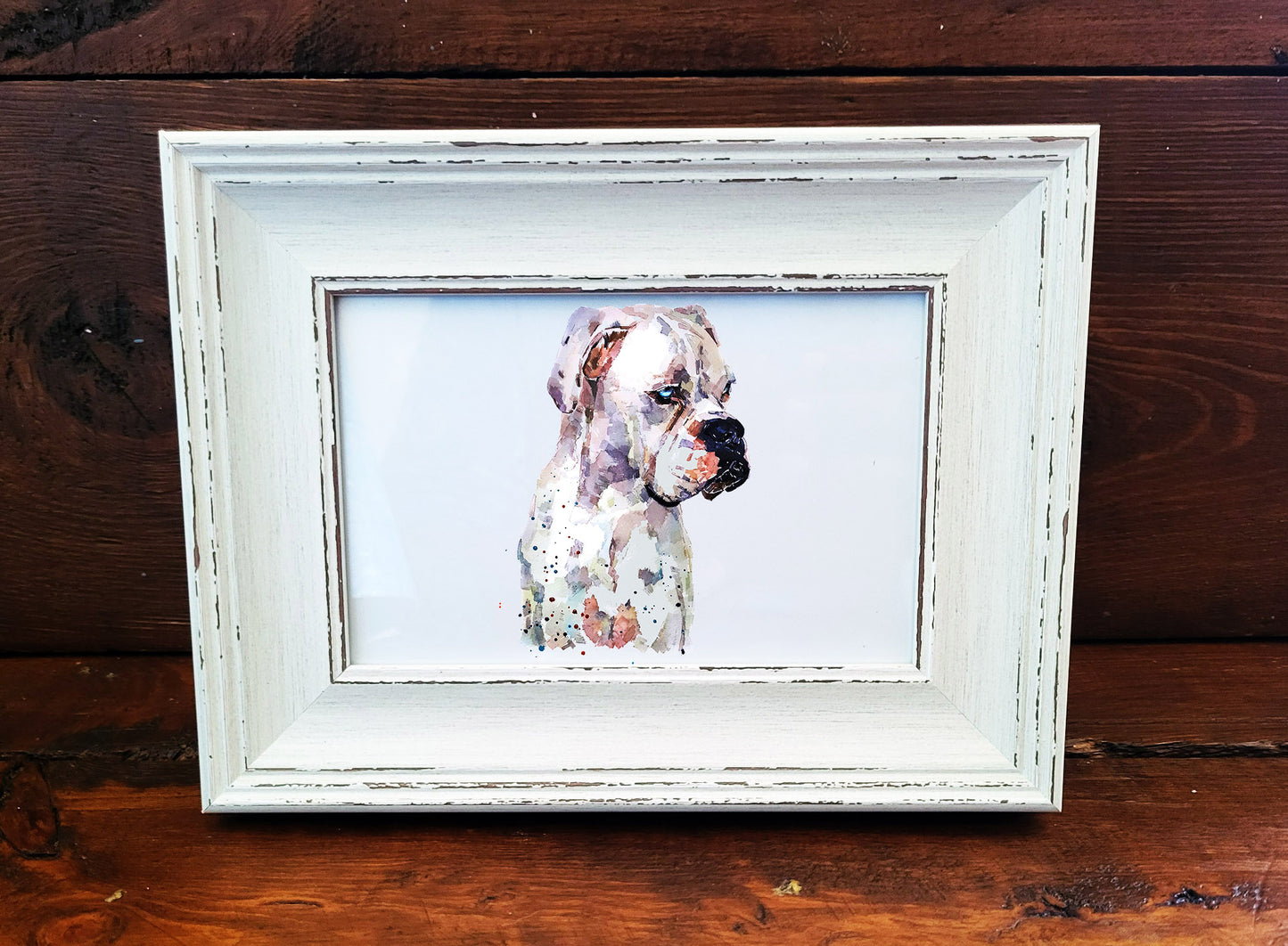 German Boxer Dog Mini Art Print 17x12cm – Framed White Rustic Frame. Boxer Dog Miniature Art Framed