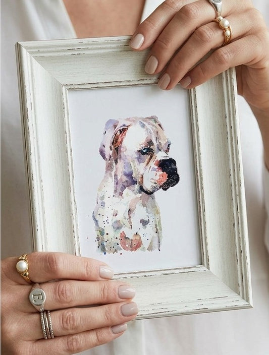 German Boxer Dog Mini Art Print 17x12cm – Framed White Rustic Frame. Boxer Dog Miniature Art Framed