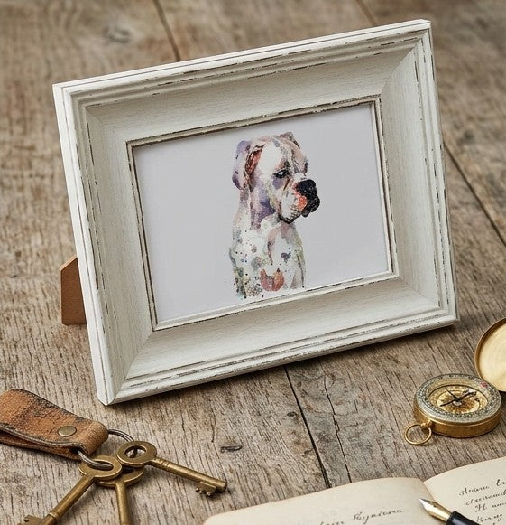 German Boxer Dog Mini Art Print 17x12cm – Framed White Rustic Frame. Boxer Dog Miniature Art Framed
