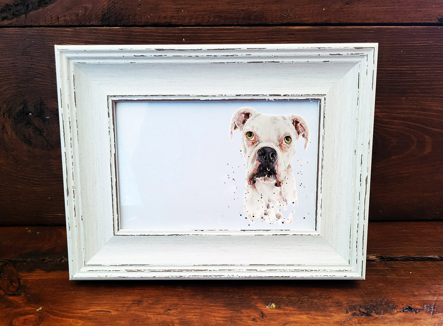 German Boxer Dog Mini Art Print 17x12cm – Framed White Rustic Frame. Boxer Dog Miniature Art Framed